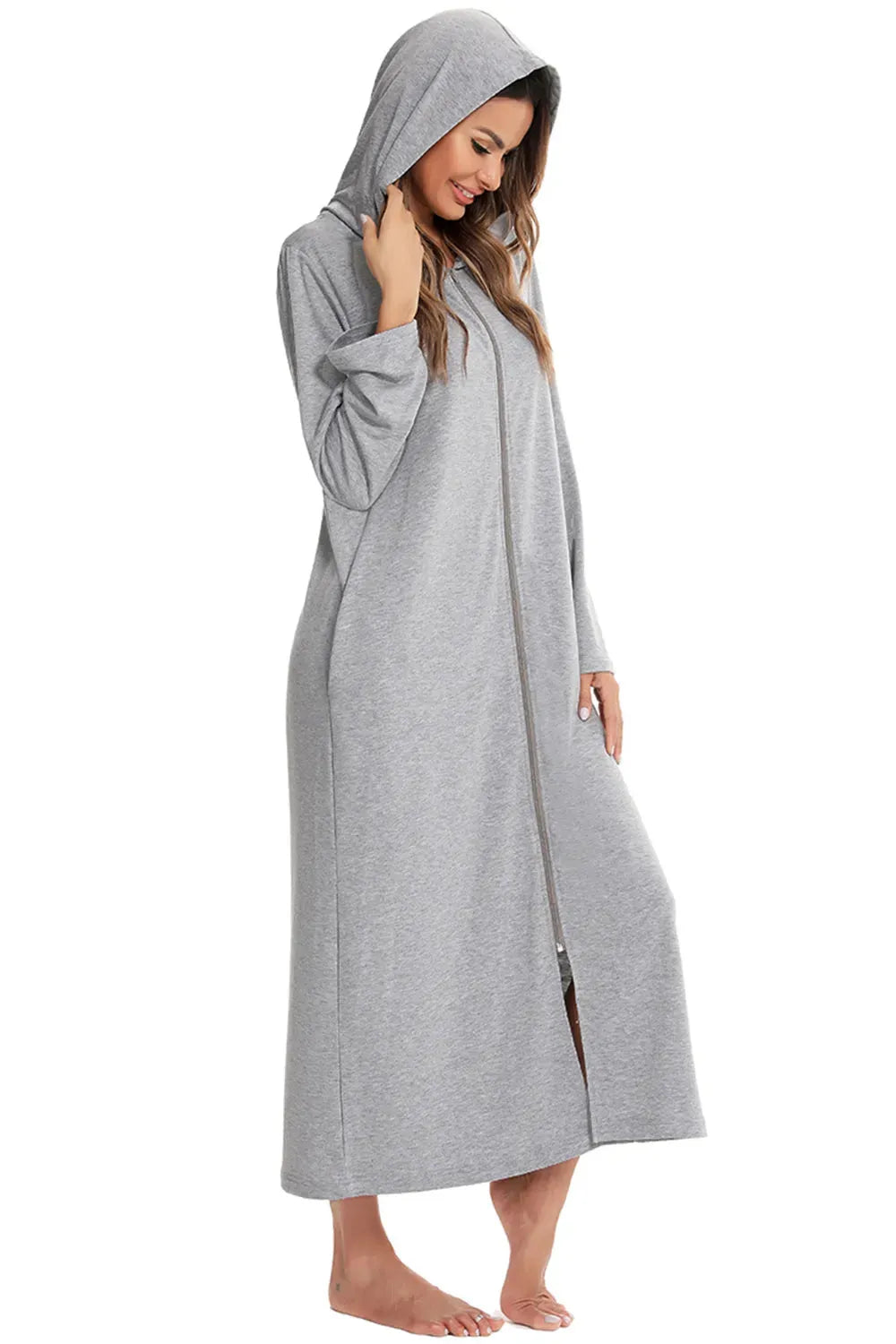 Zip Front Hooded Night Dress with Pockets Sleep Dresses - Tophatter Daily Deals