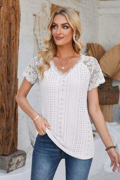 Eyelet V-Neck Lace Short Sleeve T-Shirt White Women's T-Shirts - Tophatter Daily Deals