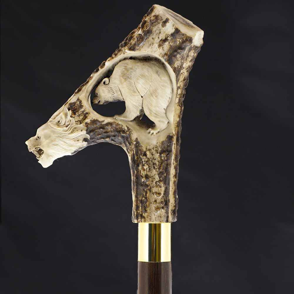 Lion Protects Bear Bone Handle Walking Cane w/Custom Shaft and Collar Bone Handles - Tophatter Daily Deals