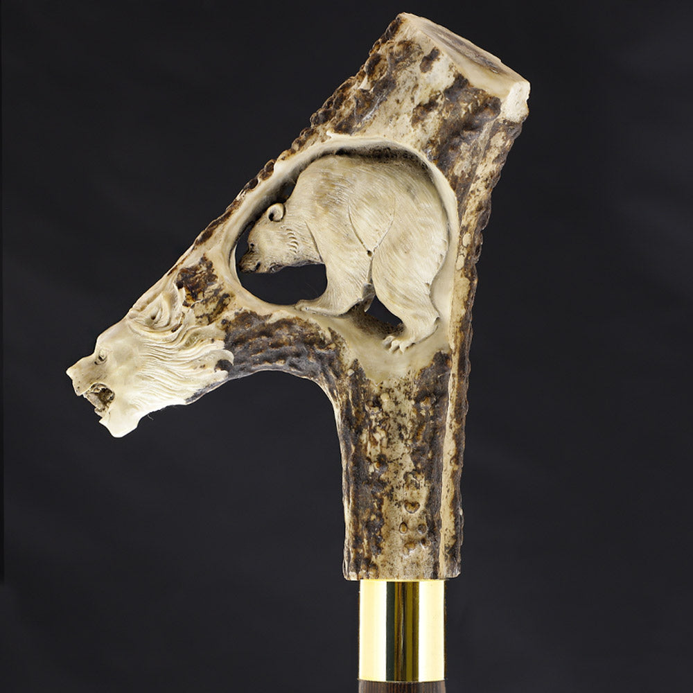 Lion Protects Bear Bone Handle Walking Cane w/Custom Shaft and Collar Bone Handles - Tophatter Daily Deals