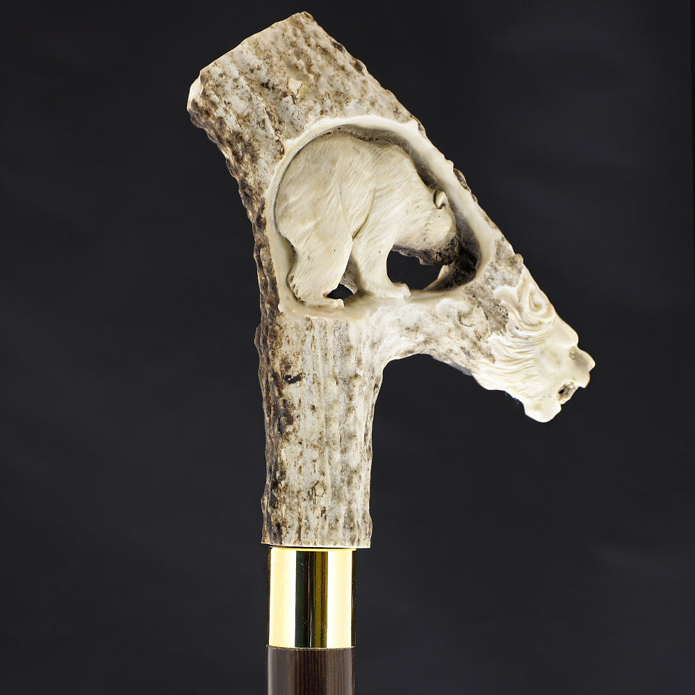 Lion Protects Bear Bone Handle Walking Cane w/Custom Shaft and Collar Bone Handles - Tophatter Daily Deals