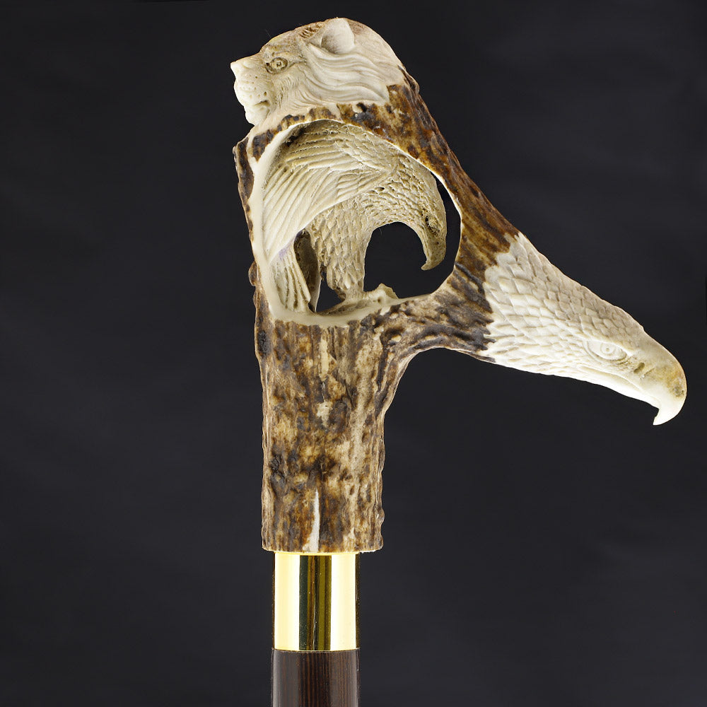 Warriors Eagle/Lion Intricate Carved Bone Handle Collector Cane w/Custom Shaft and Collar Bone Handles - Tophatter Daily Deals