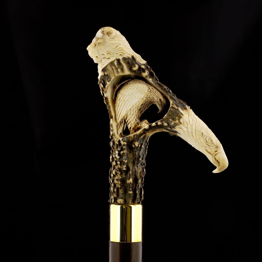 Warriors Eagle/Lion Bone Handle Walking Cane w/Custom Shaft and Collar Bone Handles - Tophatter Daily Deals