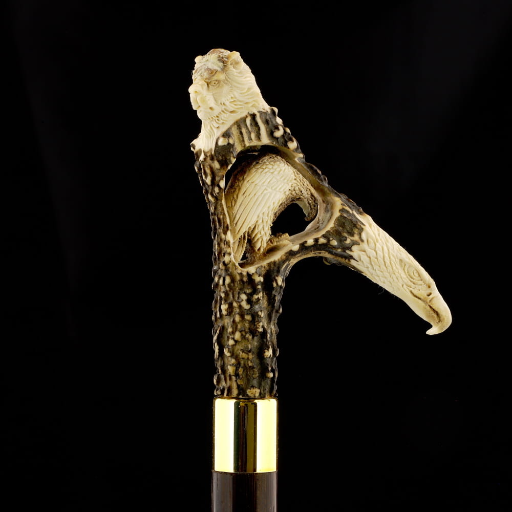 Warriors Eagle/Lion Bone Handle Walking Cane w/Custom Shaft and Collar Bone Handles - Tophatter Daily Deals