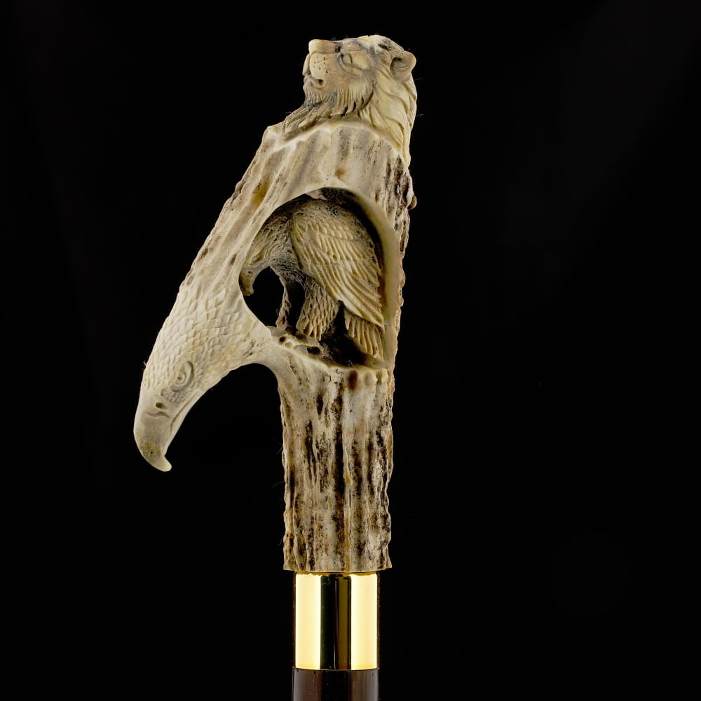 Carved Warriors Eagle/Lion Bone Handle Cane - Limited Supply Bone Handles - Tophatter Daily Deals
