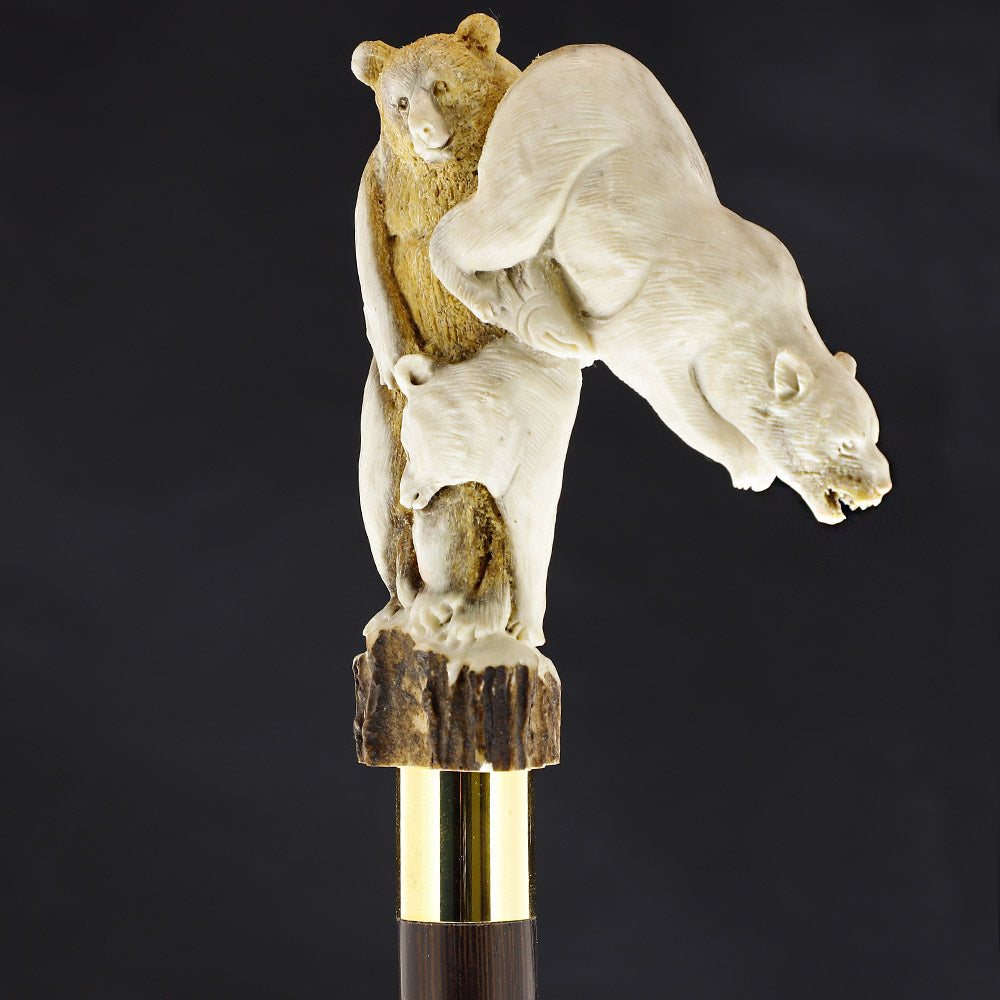 Bear Family Intricate Carved Bone Handle Collector Cane w/Custom Shaft and Collar Bone Handles - Tophatter Daily Deals