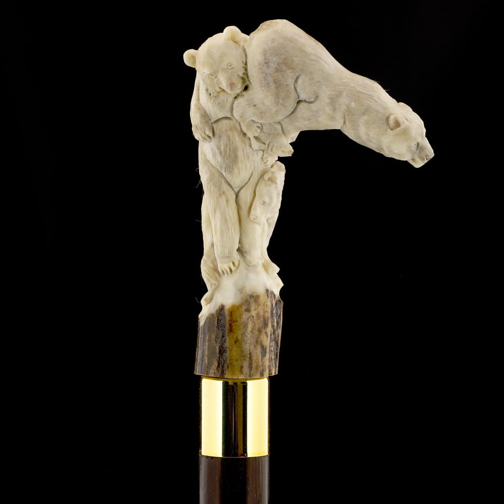 Bear Family Intricate Carved Bone Handle Collector Cane w/Custom Shaft and Collar Bone Handles - Tophatter Daily Deals