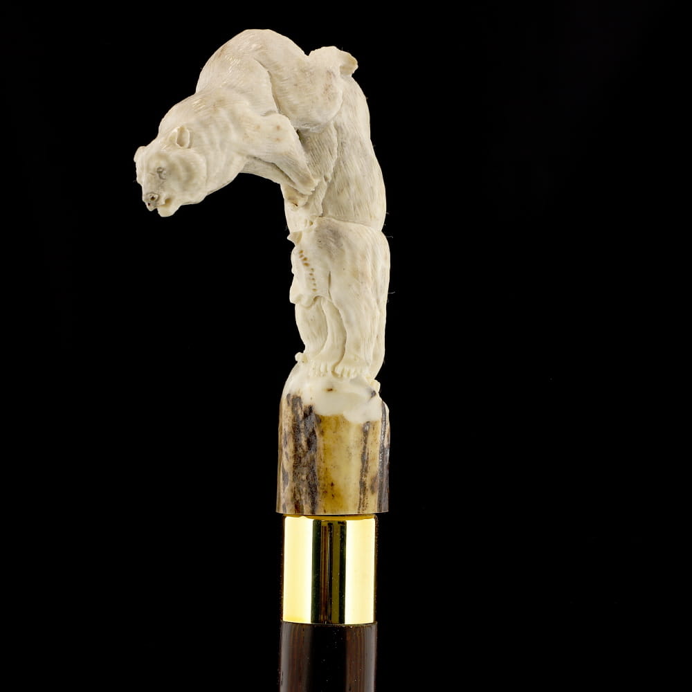 Bear Family Intricate Carved Bone Handle Collector Cane w/Custom Shaft and Collar Bone Handles - Tophatter Daily Deals