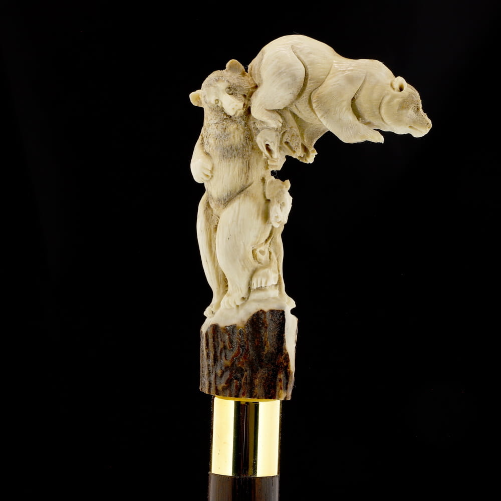 Bear Family Intricate Carved Bone Handle Collector Cane w/Custom Shaft and Collar Bone Handles - Tophatter Daily Deals