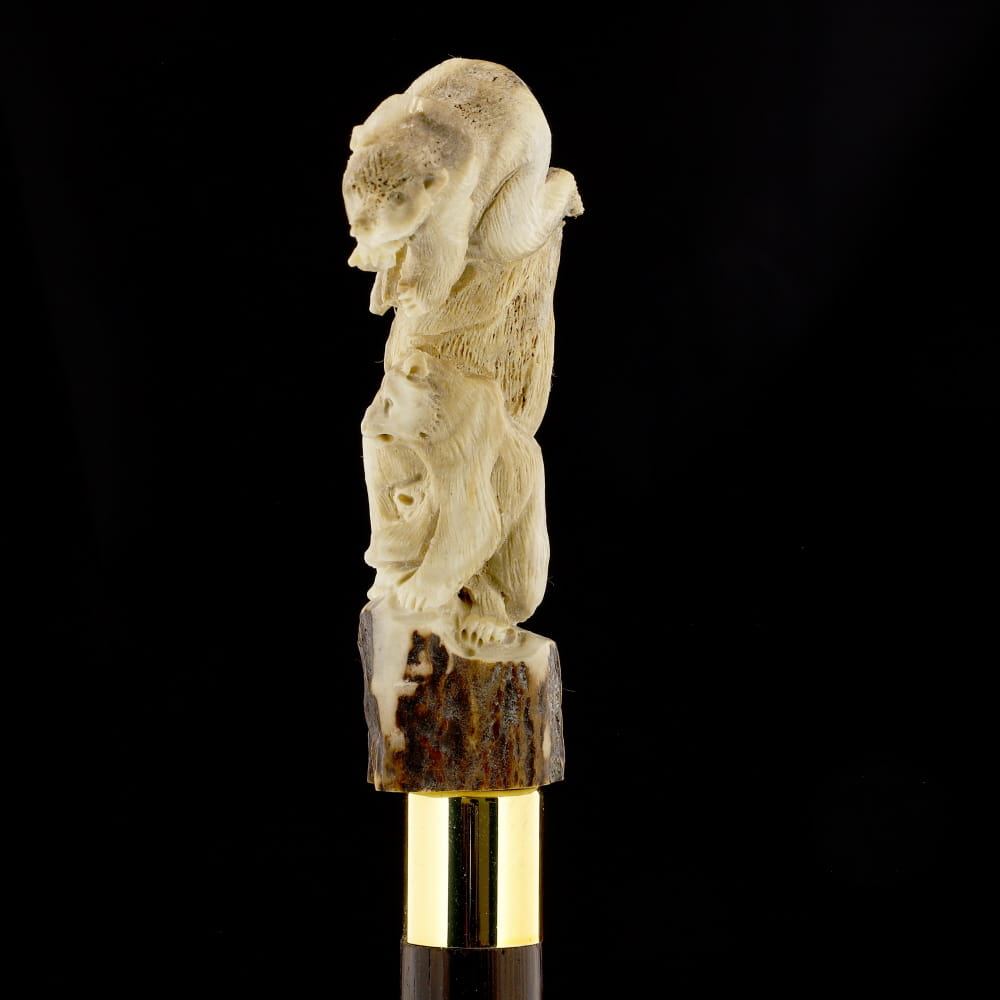 Bear Family Intricate Carved Bone Handle Collector Cane w/Custom Shaft and Collar Bone Handles - Tophatter Daily Deals