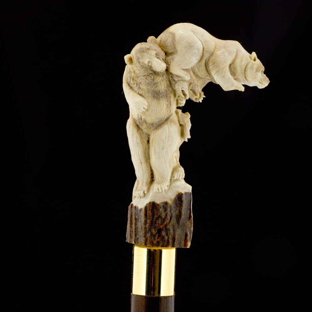 Bear Family Intricate Carved Bone Handle Collector Cane w/Custom Shaft and Collar Bone Handles - Tophatter Daily Deals