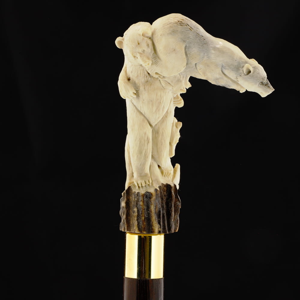 Bear Family Intricate Carved Bone Handle Collector Cane w/Custom Shaft and Collar Bone Handles - Tophatter Daily Deals