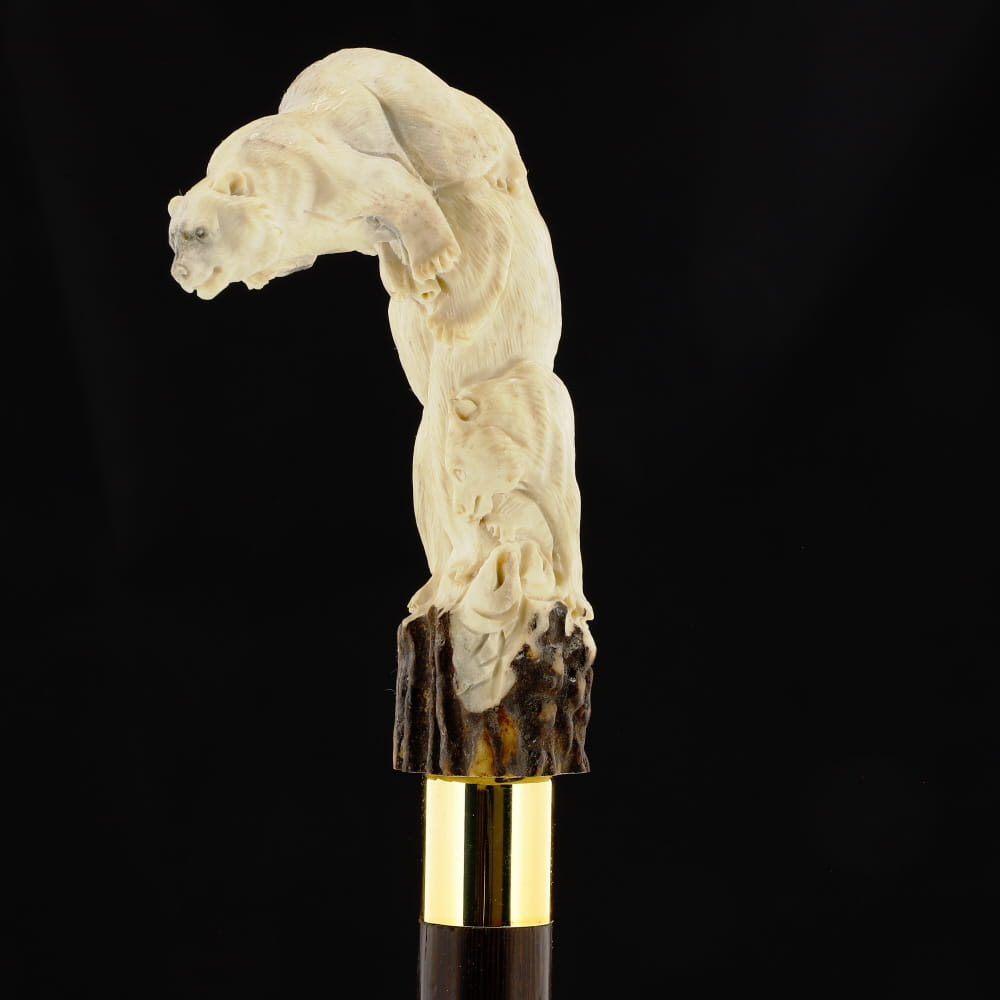 Bear Family Intricate Carved Bone Handle Collector Cane w/Custom Shaft and Collar Bone Handles - Tophatter Daily Deals