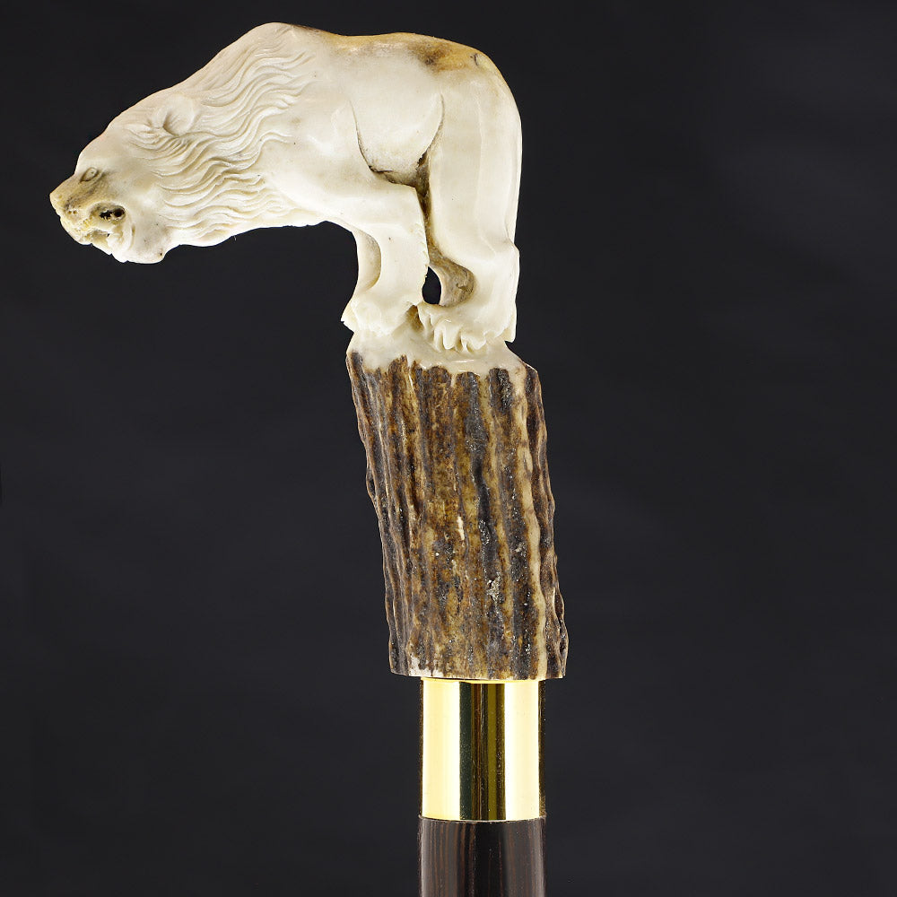 Luring Lion Intricate Handcarved Bone Handle Collector Cane w/Custom Shaft and Collar Bone Handles - Tophatter Daily Deals