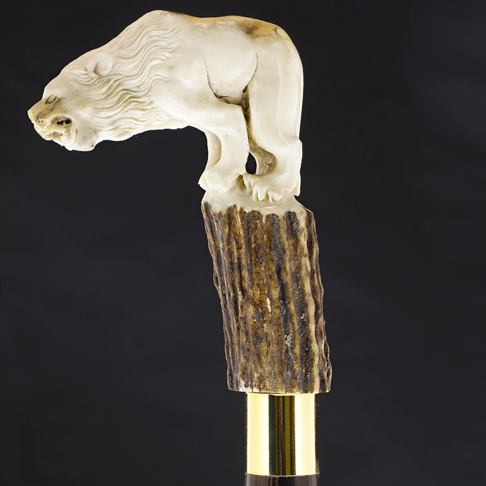 Luring Lion Intricate Handcarved Bone Handle Collector Cane w/Custom Shaft and Collar Bone Handles - Tophatter Daily Deals