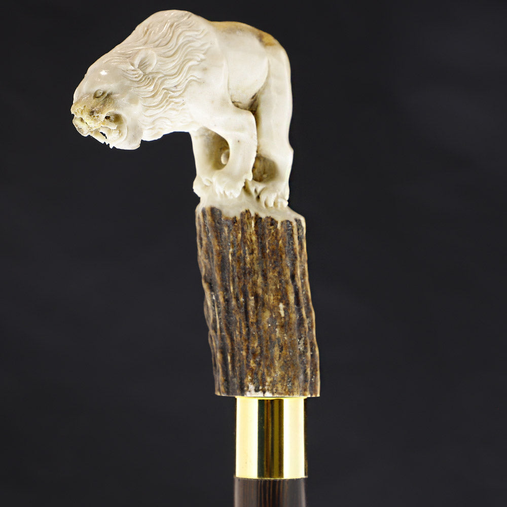 Luring Lion Intricate Handcarved Bone Handle Collector Cane w/Custom Shaft and Collar Bone Handles - Tophatter Daily Deals