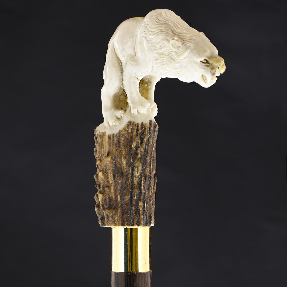 Luring Lion Intricate Handcarved Bone Handle Collector Cane w/Custom Shaft and Collar Bone Handles - Tophatter Daily Deals