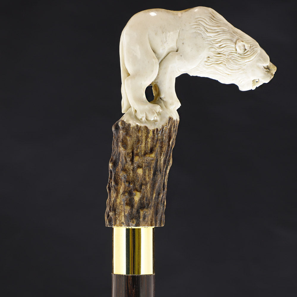 Luring Lion Intricate Handcarved Bone Handle Collector Cane w/Custom Shaft and Collar Bone Handles - Tophatter Daily Deals
