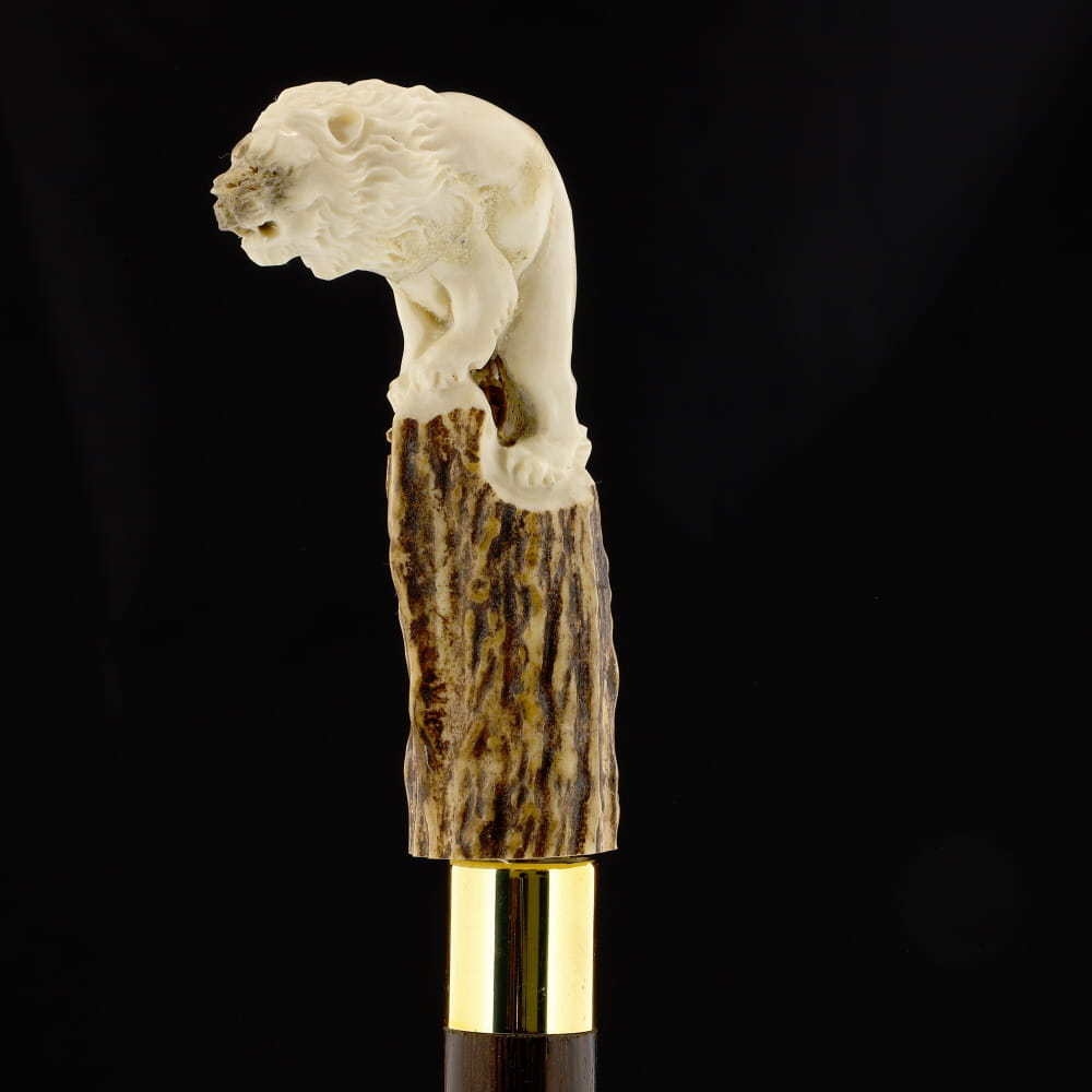 Luring Lion Handcarved Intricate Collector Bone Handle Cane w/Custom Shaft and Collar Bone Handles - Tophatter Daily Deals