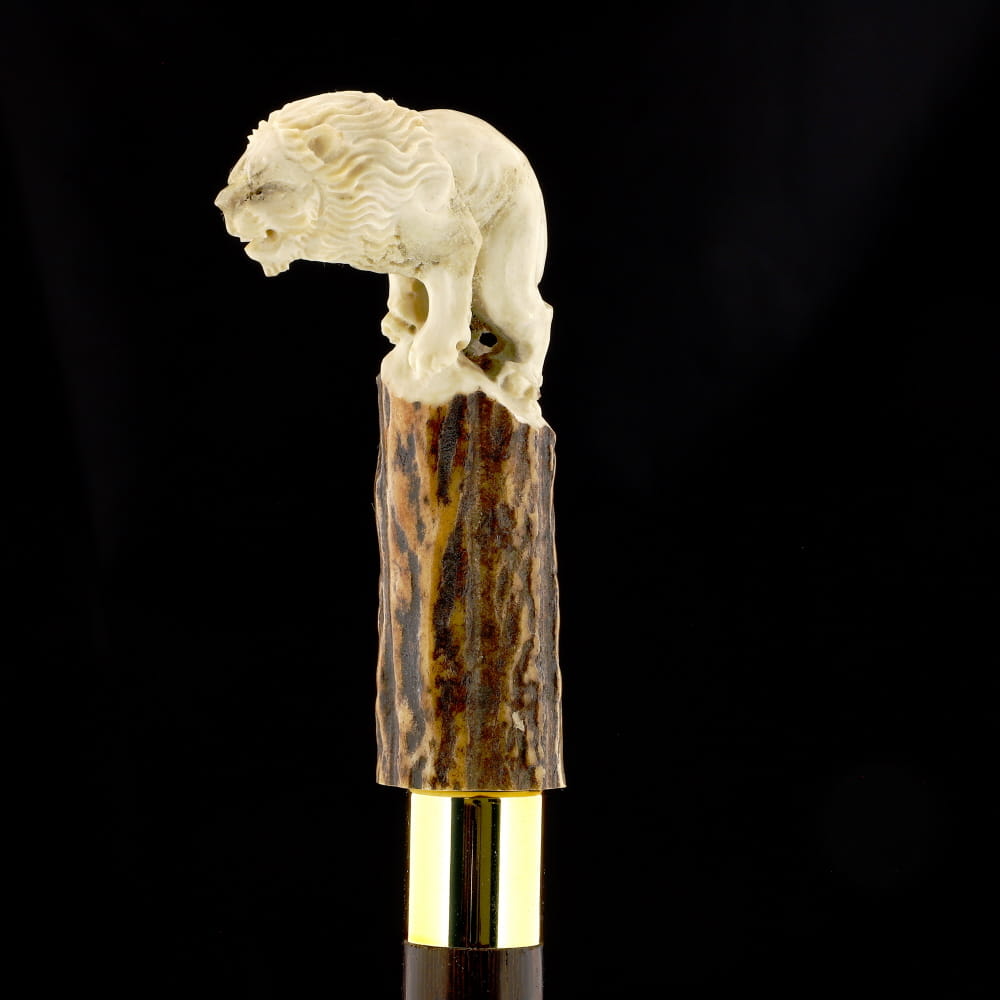 Luring Lion Handcarved Intricate Collector Bone Handle Cane w/Custom Shaft and Collar Bone Handles - Tophatter Daily Deals