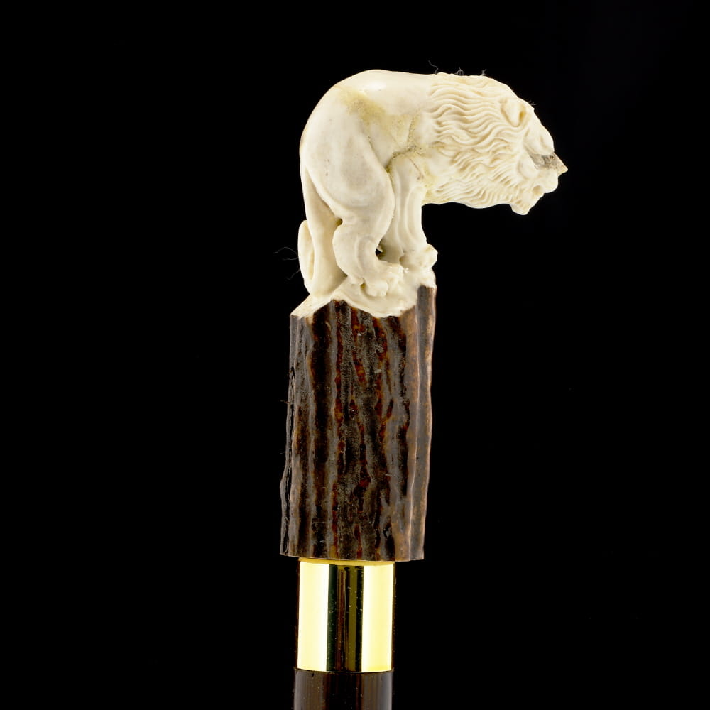 Luring Lion Intricate Handcarved Bone Handle Collector Cane w/Custom Shaft and Collar Bone Handles - Tophatter Daily Deals
