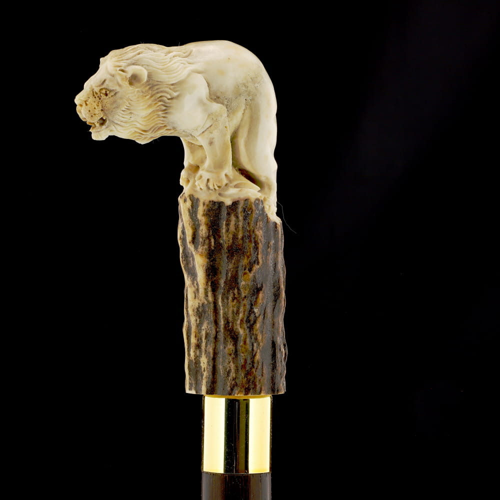 Luring Lion Intricate Handcarved Bone Handle Collector Cane w/Custom Shaft and Collar Bone Handles - Tophatter Daily Deals