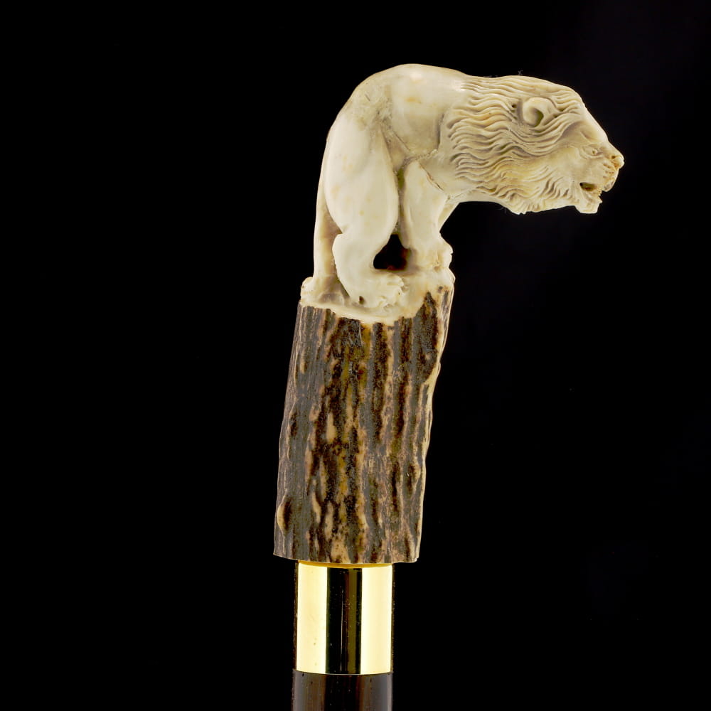 Luring Lion Intricate Handcarved Bone Handle Collector Cane w/Custom Shaft and Collar Bone Handles - Tophatter Daily Deals