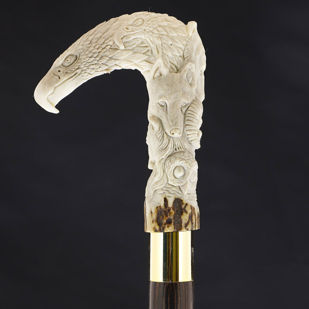 Natures Wildlife Pack Intricate Handcarved Bone Handle Collector Cane w/Custom Shaft and Collar Bone Handles - Tophatter Daily Deals