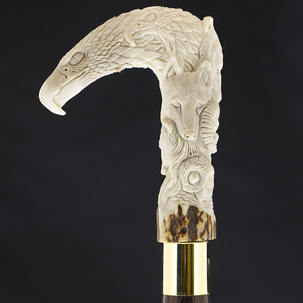 Natures Wildlife Pack Intricate Handcarved Bone Handle Collector Cane w/Custom Shaft and Collar Bone Handles - Tophatter Daily Deals