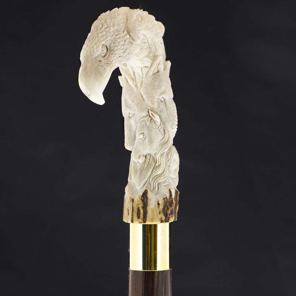 Natures Wildlife Pack Intricate Handcarved Bone Handle Collector Cane w/Custom Shaft and Collar Bone Handles - Tophatter Daily Deals