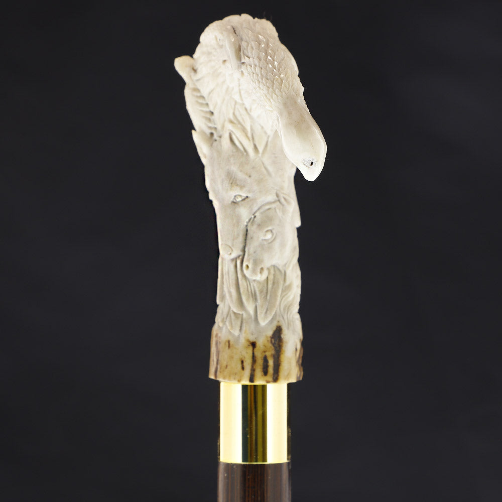 Natures Wildlife Pack Intricate Handcarved Bone Handle Collector Cane w/Custom Shaft and Collar Bone Handles - Tophatter Daily Deals