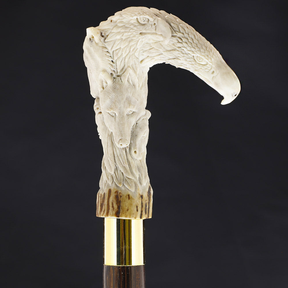 Natures Wildlife Pack Intricate Handcarved Bone Handle Collector Cane w/Custom Shaft and Collar Bone Handles - Tophatter Daily Deals