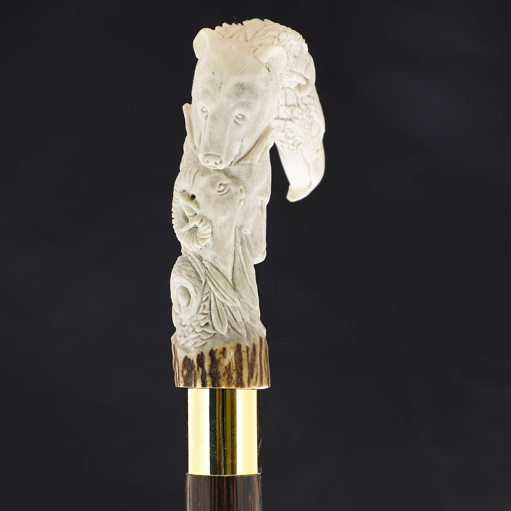 Natures Wildlife Pack Intricate Handcarved Bone Handle Collector Cane w/Custom Shaft and Collar Bone Handles - Tophatter Daily Deals