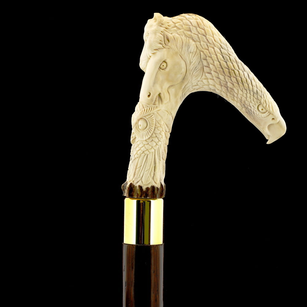 Natures Wildlife Pack Intricate Handcarved Bone Handle Collector Cane w/Custom Shaft and Collar Bone Handles - Tophatter Daily Deals