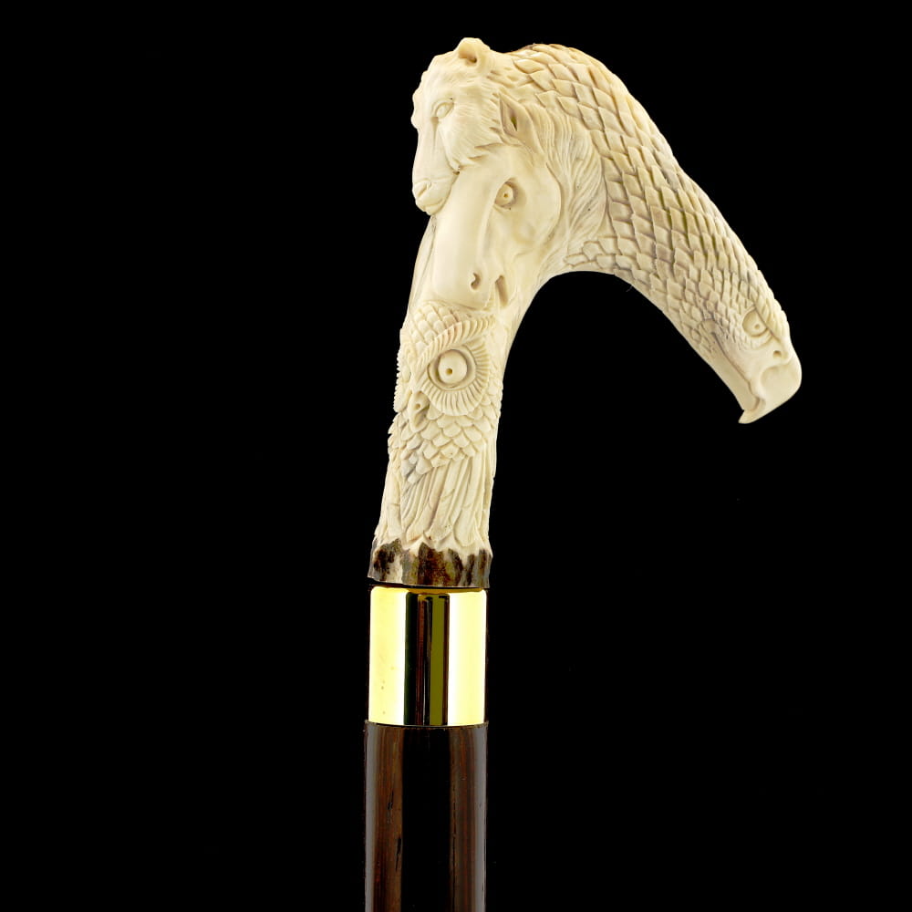 Natures Wildlife Pack Intricate Handcarved Bone Handle Collector Cane w/Custom Shaft and Collar Bone Handles - Tophatter Daily Deals