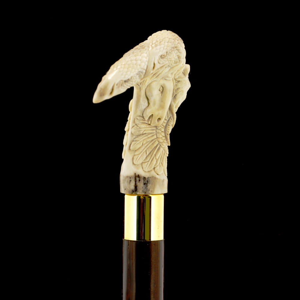 Natures Wildlife Pack Intricate Handcarved Bone Handle Collector Cane w/Custom Shaft and Collar Bone Handles - Tophatter Daily Deals