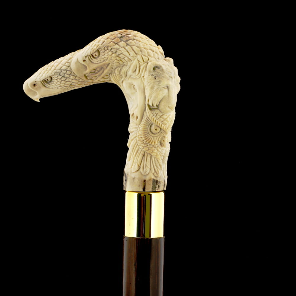Natures Wildlife Pack Intricate Handcarved Bone Handle Collector Cane w/Custom Shaft and Collar Bone Handles - Tophatter Daily Deals