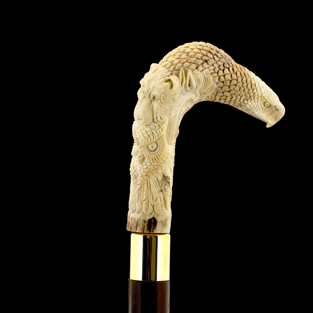 Natures Wildlife Pack Intricate Handcarved Bone Handle Collector Cane w/Custom Shaft and Collar Bone Handles - Tophatter Daily Deals