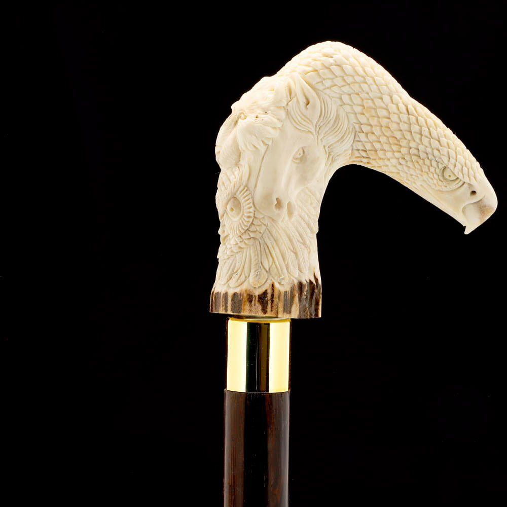 Natures Wildlife Pack Intricate Handcarved Bone Handle Collector Cane w/Custom Shaft and Collar Bone Handles - Tophatter Daily Deals