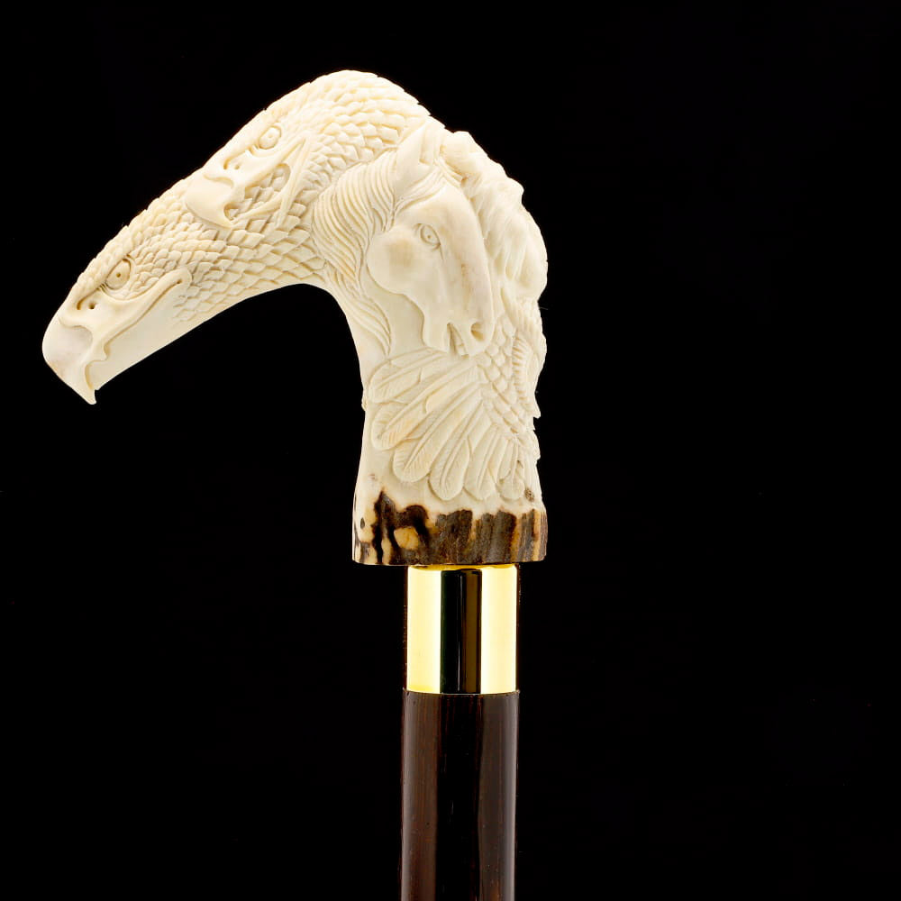 Natures Wildlife Pack Intricate Handcarved Bone Handle Collector Cane w/Custom Shaft and Collar Bone Handles - Tophatter Daily Deals