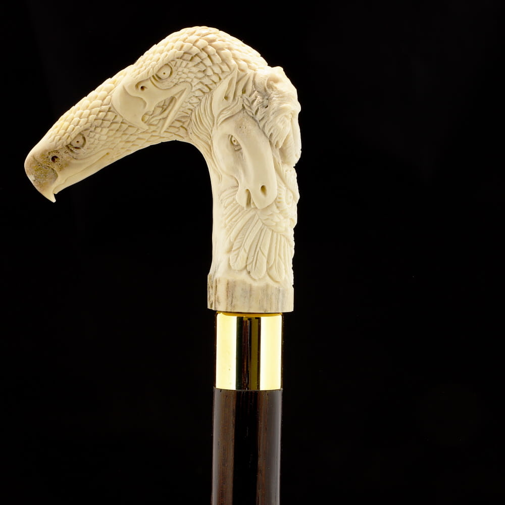 Natures Wildlife Pack Intricate Handcarved Bone Handle Collector Cane w/Custom Shaft and Collar Bone Handles - Tophatter Daily Deals