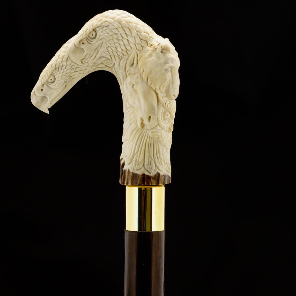 Natures Wildlife Pack Intricate Handcarved Bone Handle Collector Cane w/Custom Shaft and Collar Bone Handles - Tophatter Daily Deals