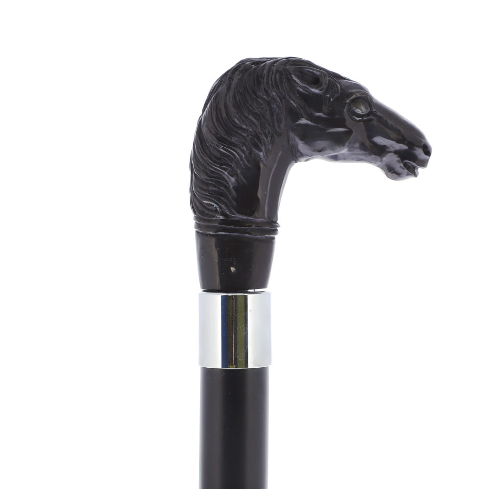 Horse Carving Dark Buffalo Horn Bone Handle Collector Cane w/Custom Shaft and Collar Bone Handles - Tophatter Daily Deals