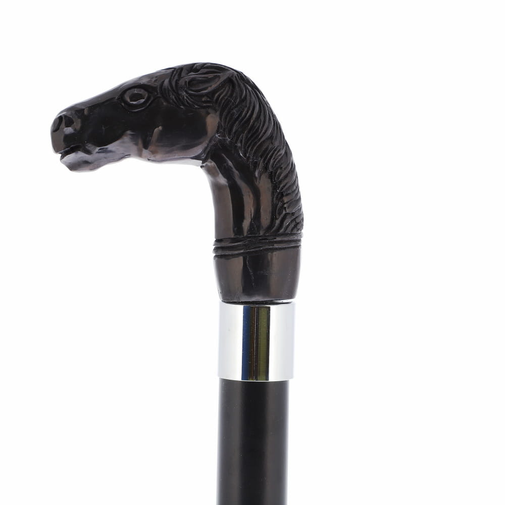 Horse Carving Dark Buffalo Horn Bone Handle Collector Cane w/Custom Shaft and Collar Bone Handles - Tophatter Daily Deals