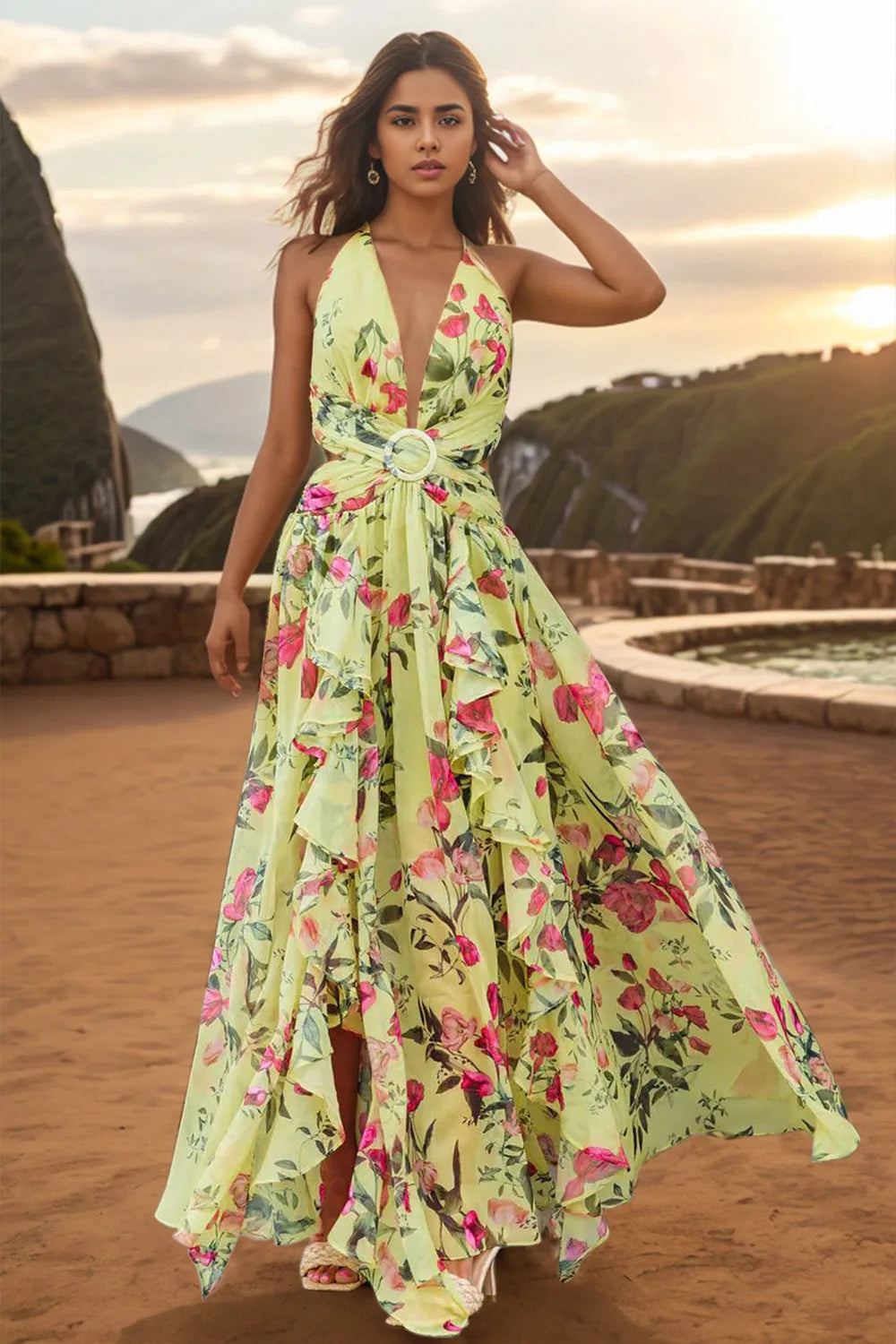 Backless Printed Plunge Sleeveless Dress Floral Casual Dresses - Tophatter Daily Deals