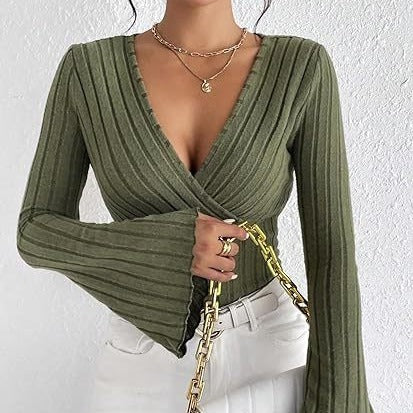 Stretchy Women’s Long Sleeve Top - V Neck, Ribbed Knit 3D Changing Face Moving Picture Frame - Tophatter Daily Deals