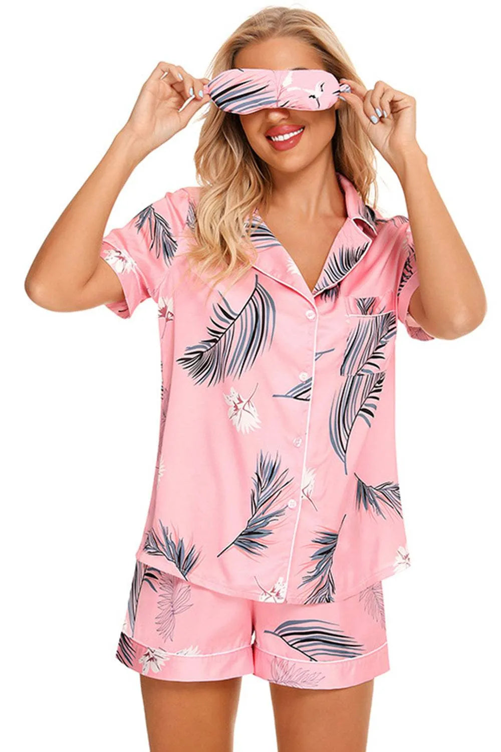Printed Button Up Short Sleeve Top and Shorts Lounge Set Loungewear Sets - Tophatter Daily Deals