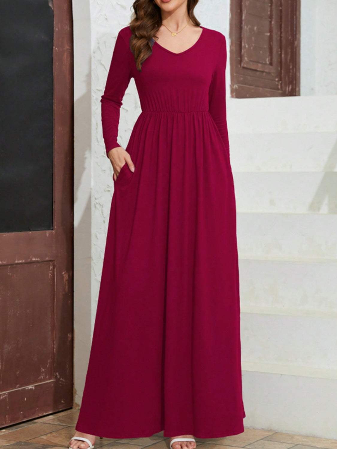 Pocketed V-Neck Long Sleeve Maxi Dress Burgundy Casual Dresses - Tophatter Daily Deals