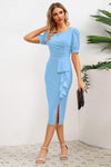 Slit Ruffled Puff Sleeve Midi Dress Misty Blue Casual Dresses - Tophatter Daily Deals