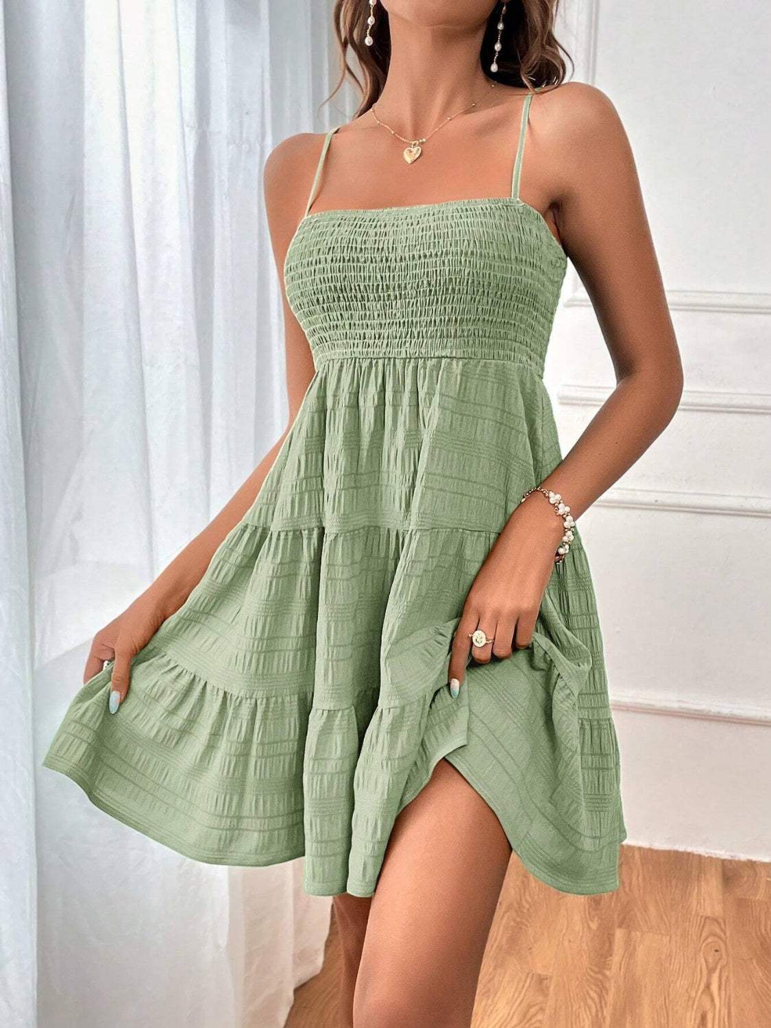 Smocked Tiered Sleeveless Mini Dress Sage Casual Dresses - Tophatter Daily Deals